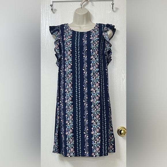 Old Navy Dark Blue Ruffle Shoulder Dress with Pastel Floral Size Small - Picture 12 of 12